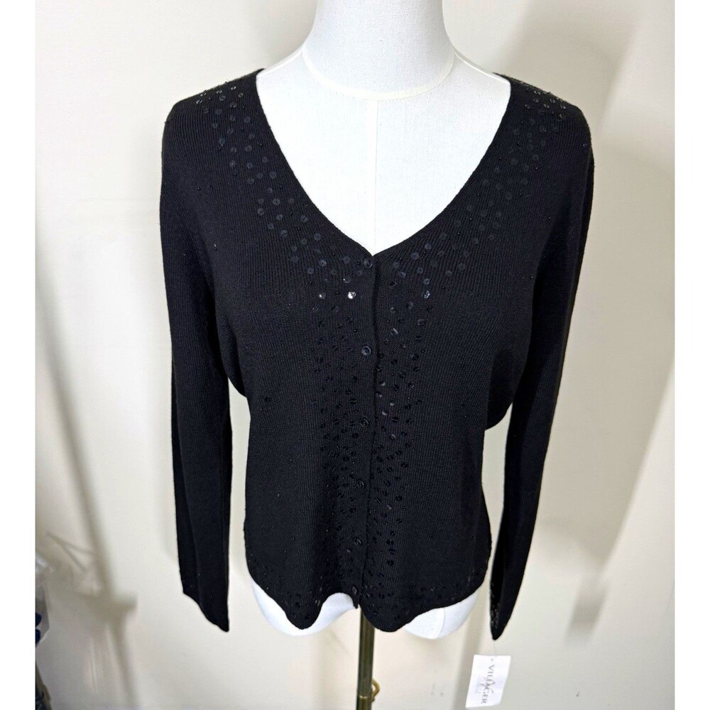 Villager Petite Womens Cardigan Sweater Petite M Black V-Neck Sequin Buttons 404